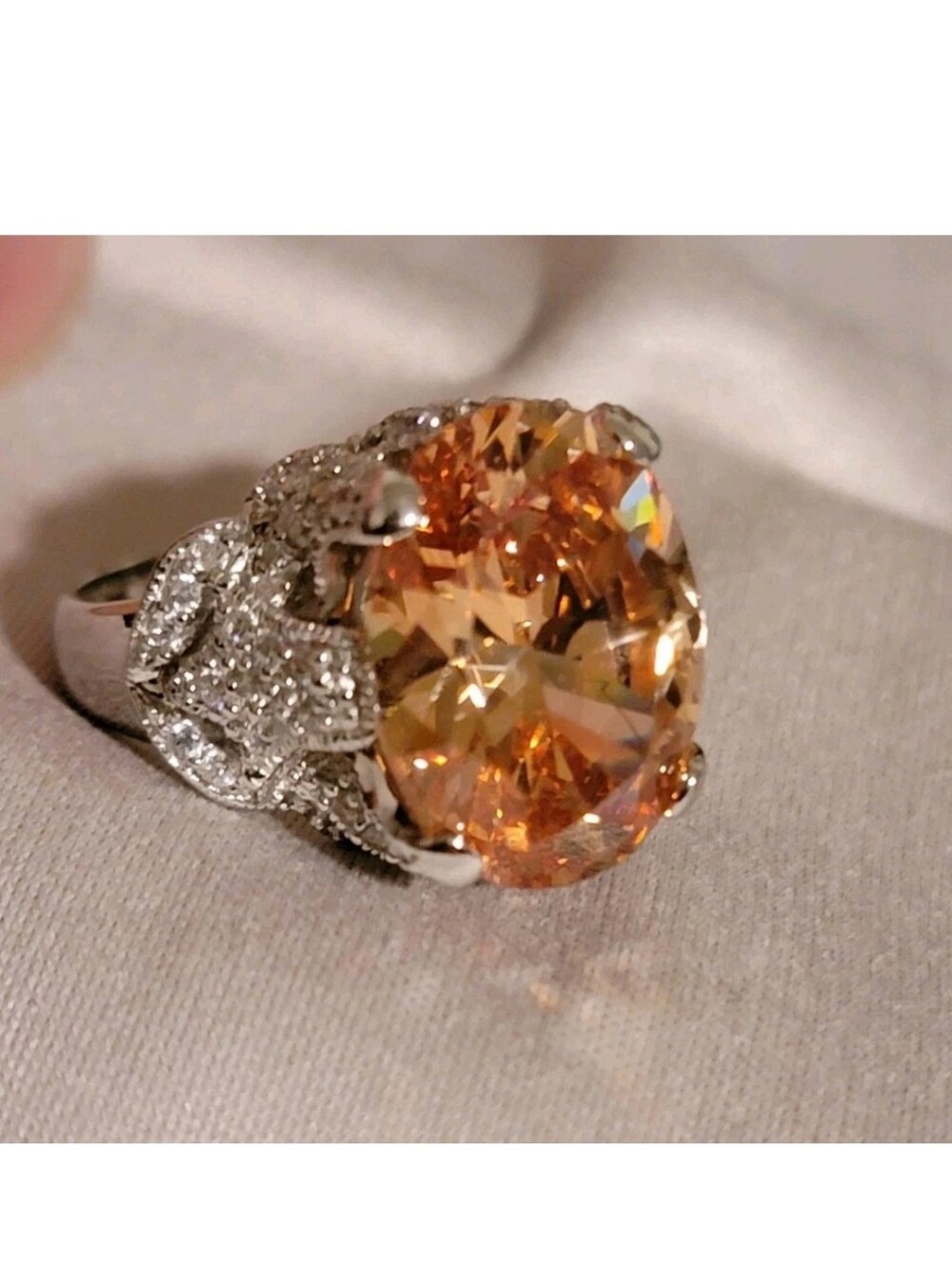 Sparkling Orange Crystal Cocktail Ring - Sterling Silver 925 Sz 8